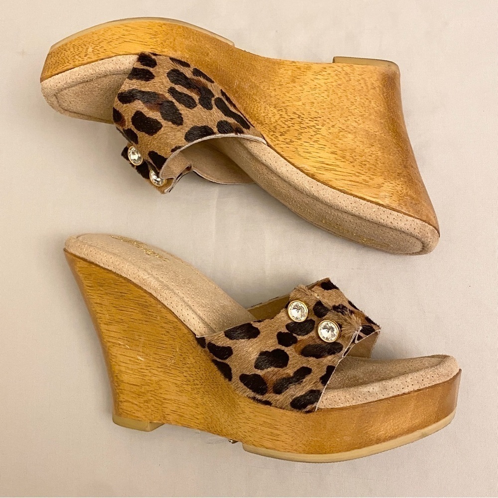 Bridget Glitz Wood Platform Sandals Animal Print Rhinestones Leather Shoes Sz 8 - Picture 9 of 12